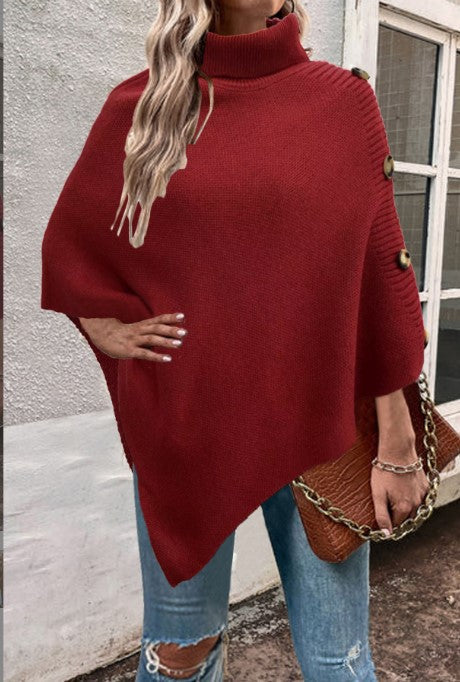 Damen Strick-Poncho mit hohem Kragen und Knopfdetails R&B