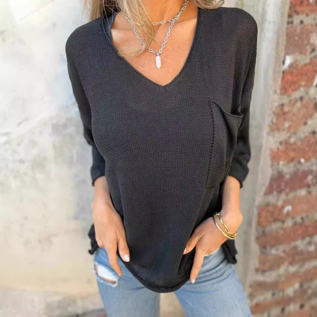 Damen legerer V-Ausschnitt Pullover mit praktischer Tasche