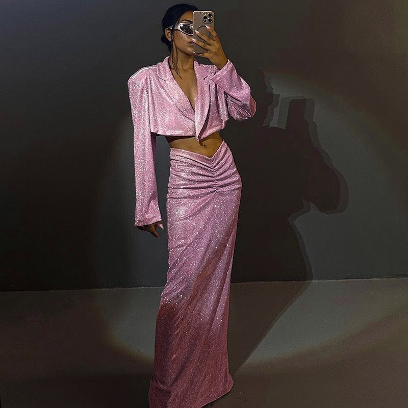 Damen Glitzerndes Crop-Oberteil und Wickelrock Set R&B