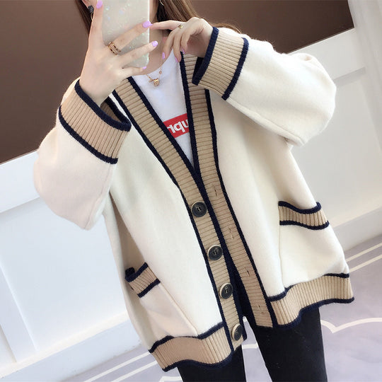 Damen Lässiger Strickcardigan mit attraktiven Kontrastsäumen und praktischen Taschen R&B