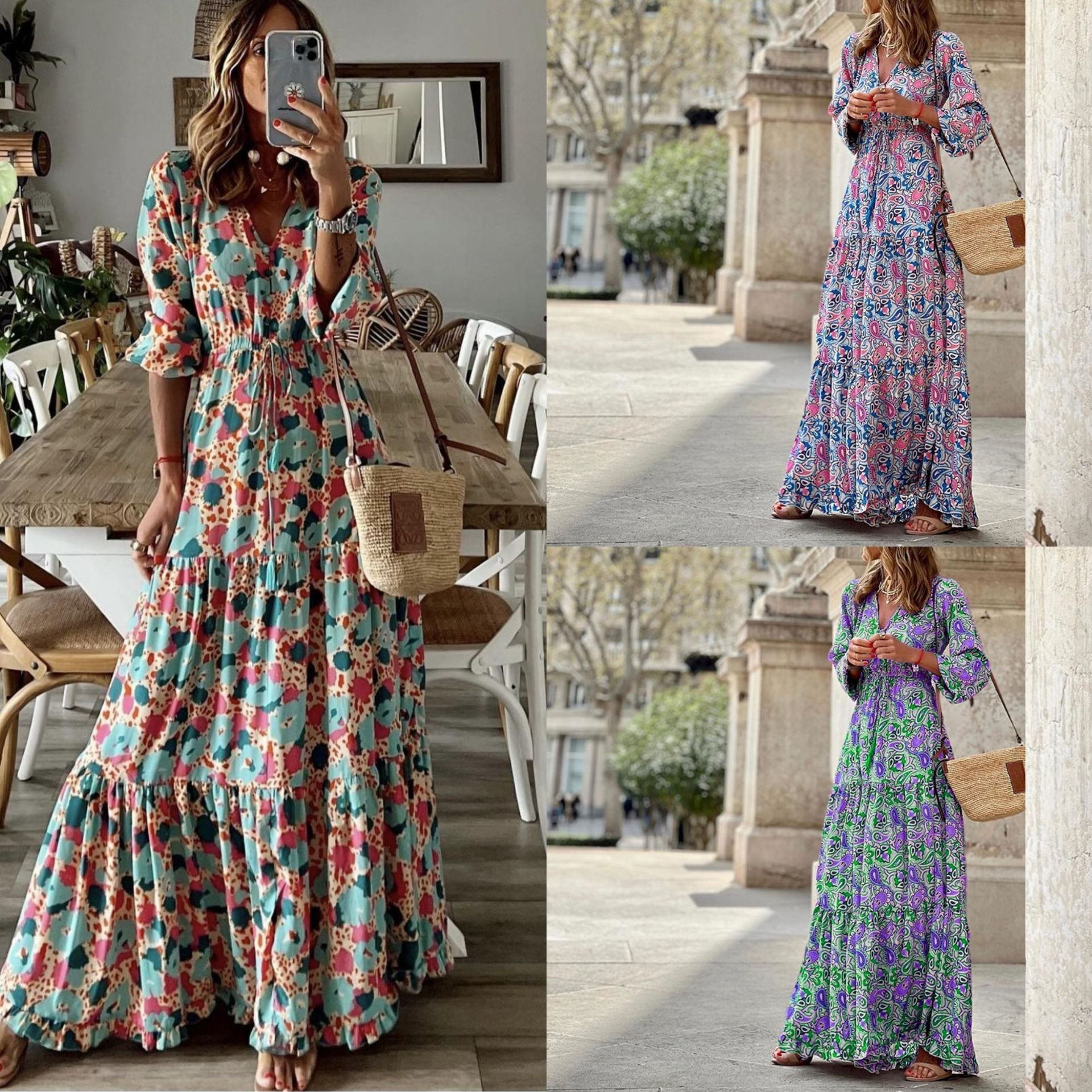 Damen Maxikleid mit elegantem Paisleymuster und Knopfdetails R&B