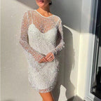 Damen Glitzerndes Cocktailkleid mit schimmernden Pailletten und langen Ärmeln R&B