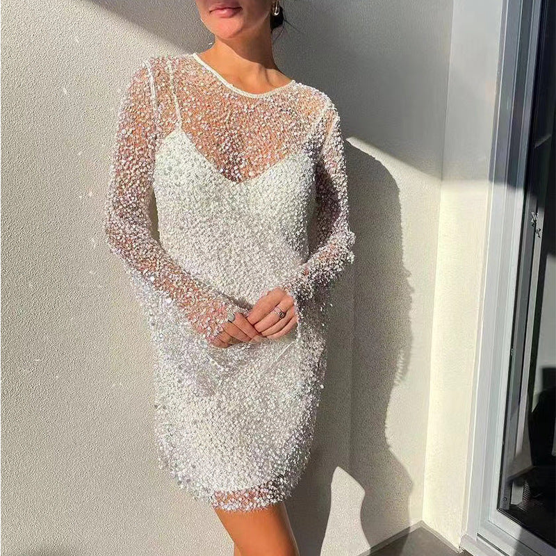 Damen Glitzerndes Cocktailkleid mit schimmernden Pailletten und langen Ärmeln R&B
