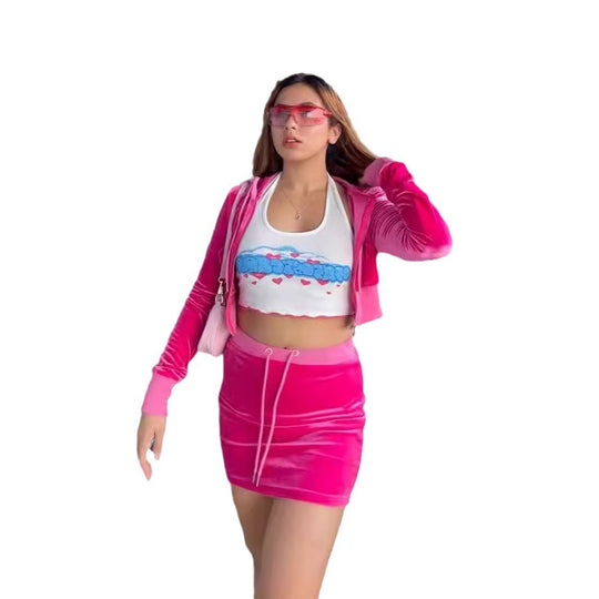 Damen modisches Samt-Set mit Crop-Top und Rock R&B