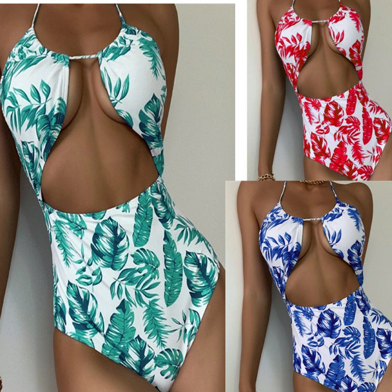Damen Einteiliger Badeanzug mit modischem Cut-Out-Design und tropischem Blattmuster R&B