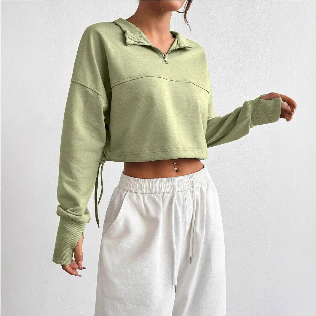 R&B | Crop Pullover Baumwollmischung Bequeme Passform Reißverschlusskragen Ballonärmel