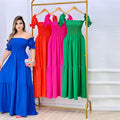 Damen Off-Shoulder Maxikleid mit voluminösen Puffärmeln und nostalgischer Raffung R&B