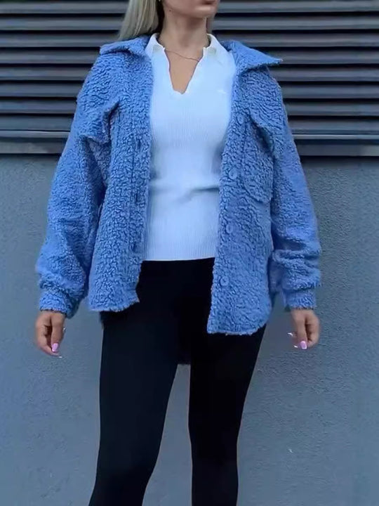 Damen Teddyjacke mit modischen Taschen und Knopfverschluss R&B