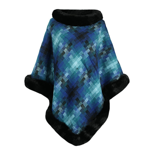 Damen modischer Poncho mit luxuriösem Kunstpelzkragen R&B