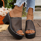 Damen Plateausandalen mit Netz-Obermaterial und robustem Blockabsatz