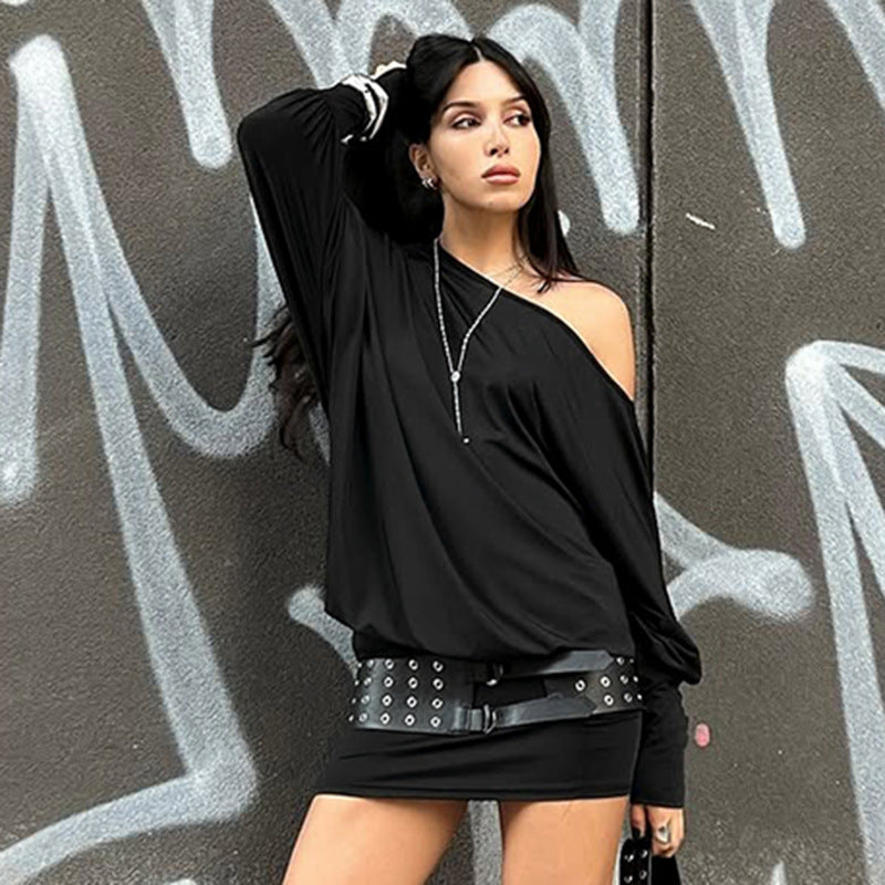 Damen Lässiges Off-Shoulder Kleid mit seitlicher Raffung R&B