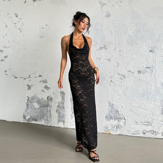 Damen Elegantes Spitzen-Maxikleid mit tiefem V-Ausschnitt und figurformendem Design R&B