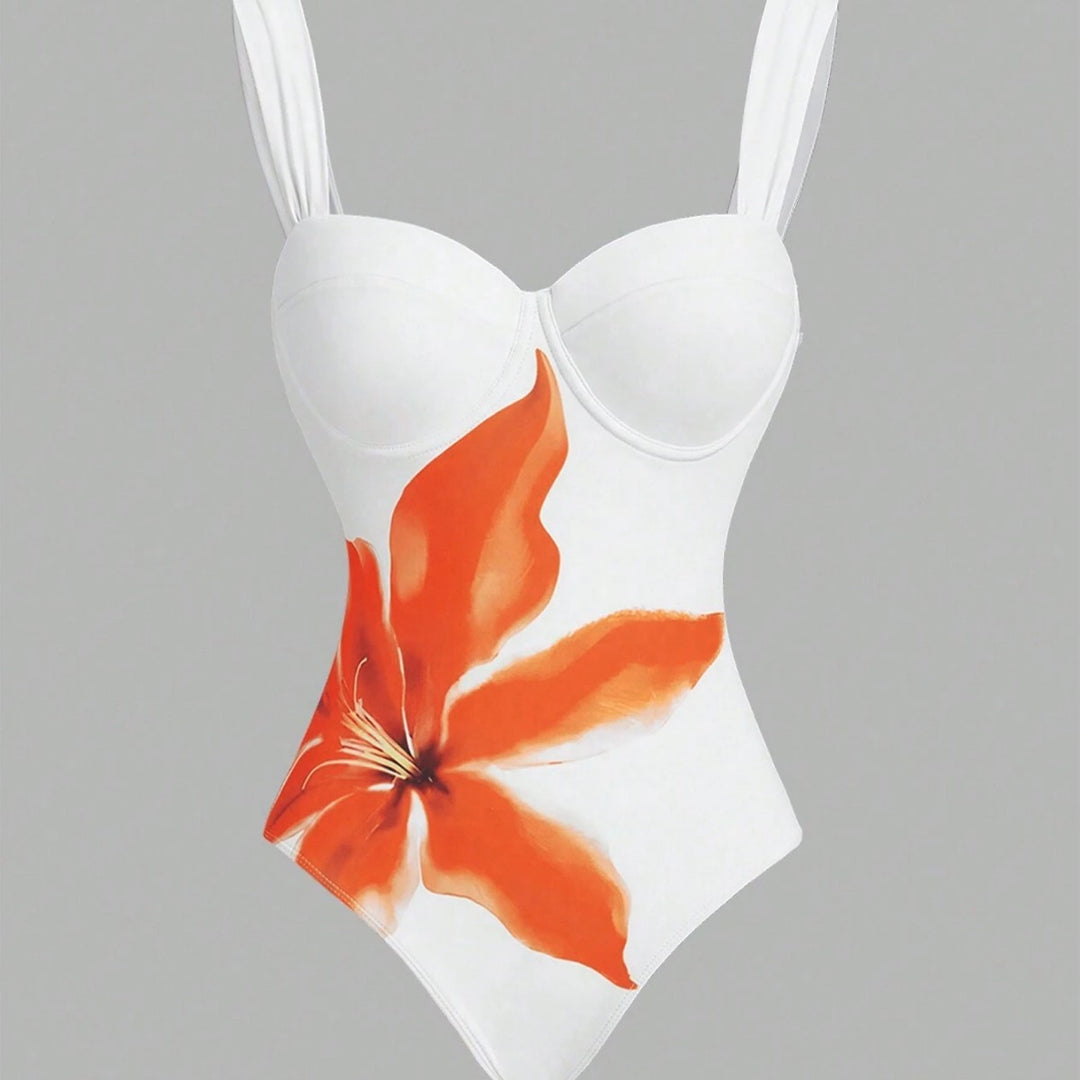 Damen Badeanzug mit elegantem floralem Design und passendem Wickelrock R&B