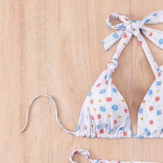Damen Floral gemusterter Triangel-Bikini mit verspieltem Bindeband R&B