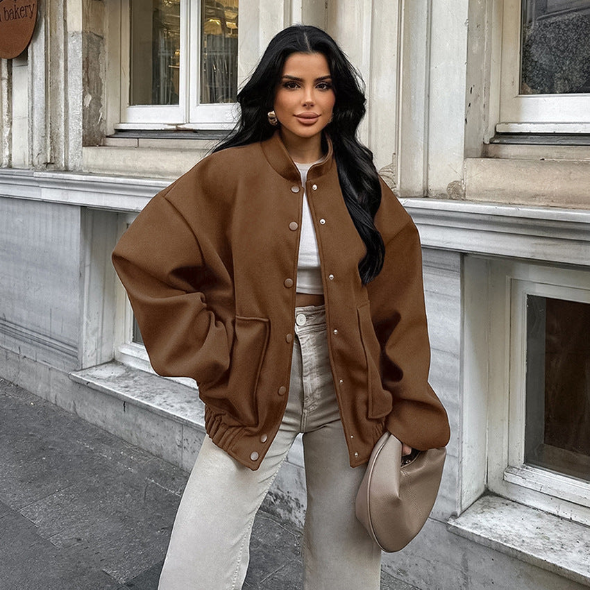 Damen Oversized Fleece-Jacke mit Druckknopfverschluss und seitlichen Taschen R&B