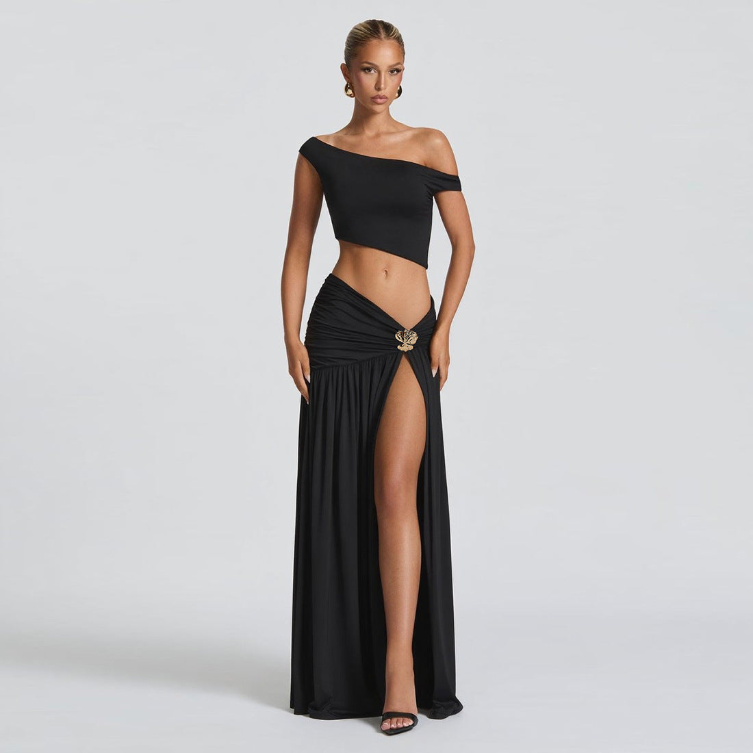 Damen Elegantes Crop Top und Hochgeschnittener Maxi-Rock Set R&B