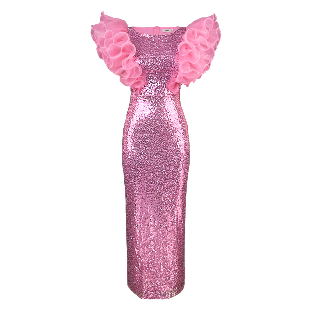 Damen Abendkleid mit glitzerndem Paillettenbesatz und voluminösen Rüschenschulter R&B
