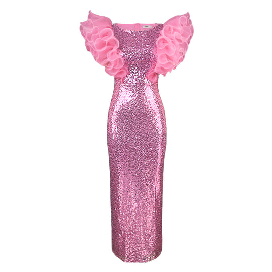 Damen Abendkleid mit glitzerndem Paillettenbesatz und voluminösen Rüschenschulter R&B