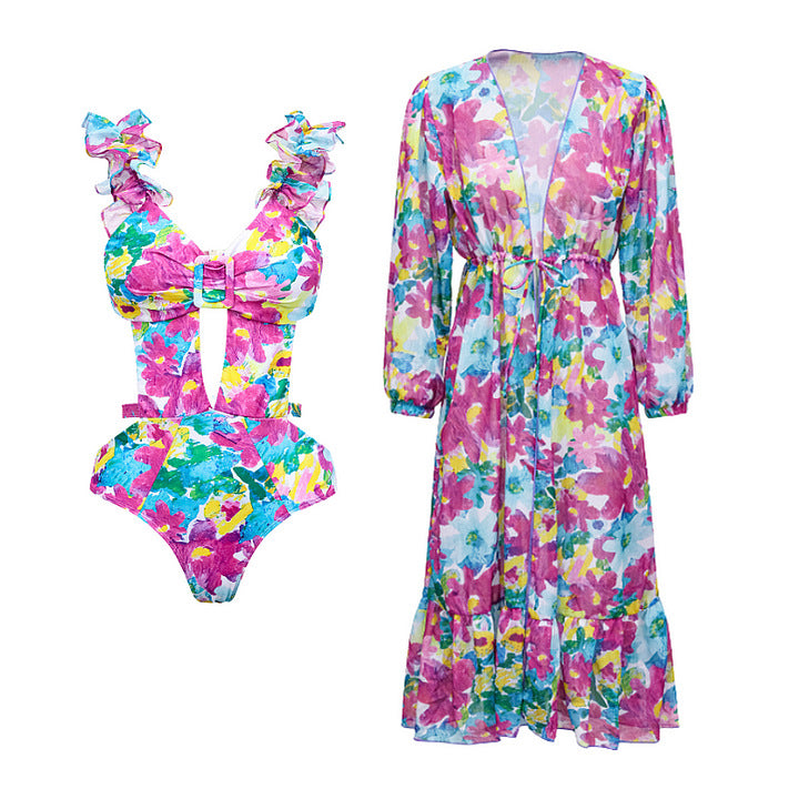 Damen Bikiniset mit voluminösen Rüschendetails und fließendem Maxi-Rock R&B