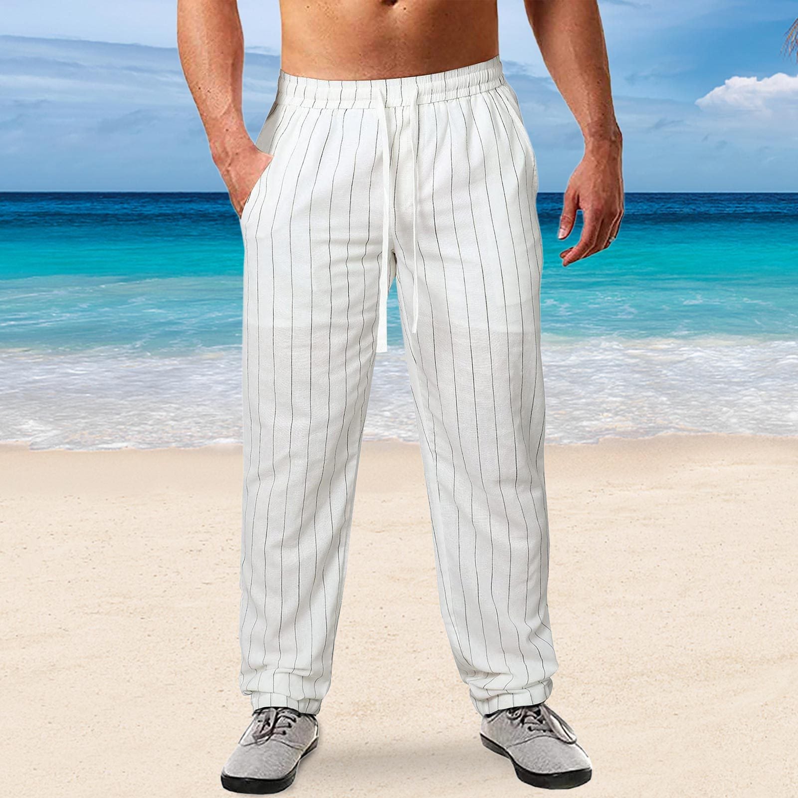 Herren lässige Streifen-Hosen aus Baumwollmix mit elastischem Bund und praktischen Eingrifftaschen R&B