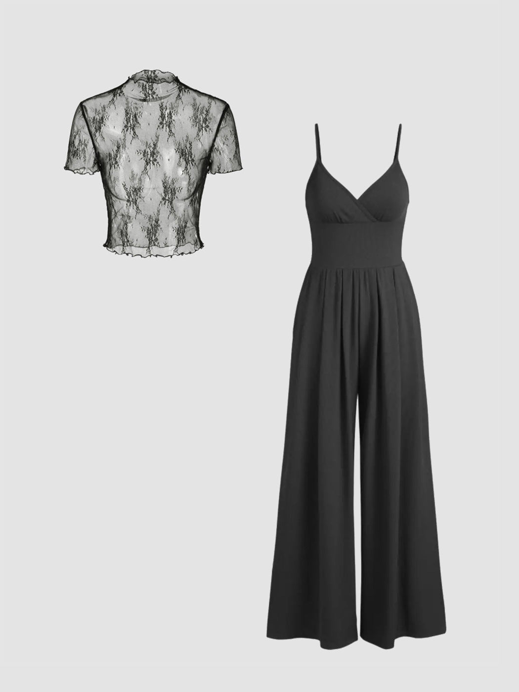 Damen elegantes V-Ausschnitt Jumpsuit mit transparenter Bluse R&B