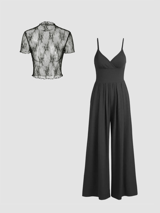 Damen elegantes V-Ausschnitt Jumpsuit mit transparenter Bluse R&B