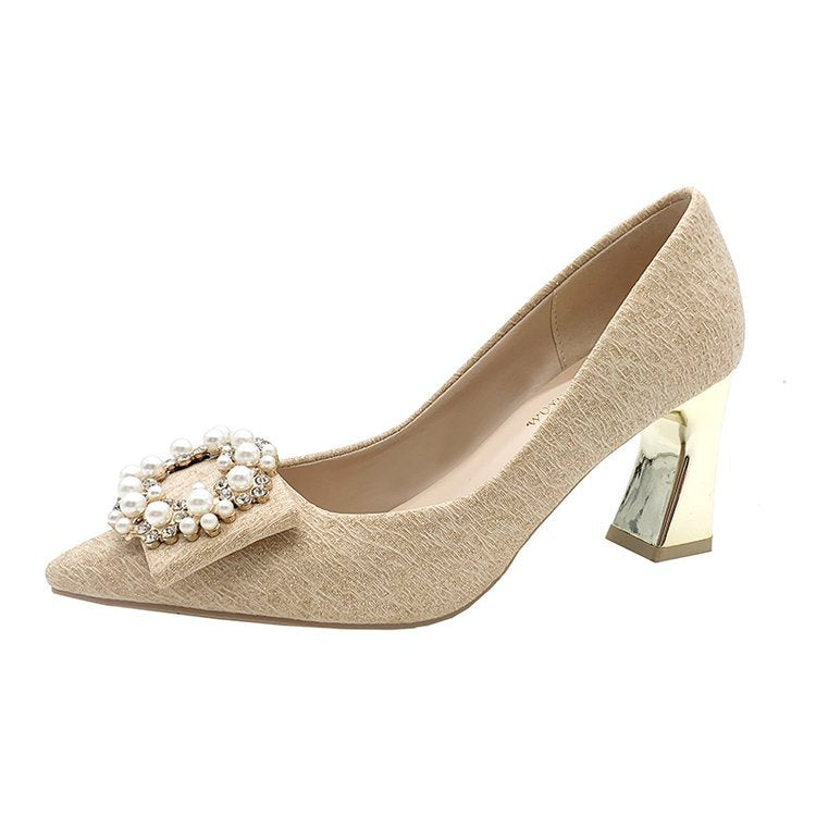 Damen elegante High Heels mit perlbesetztem Schleifenakzent und blockiertem Absatz R&B