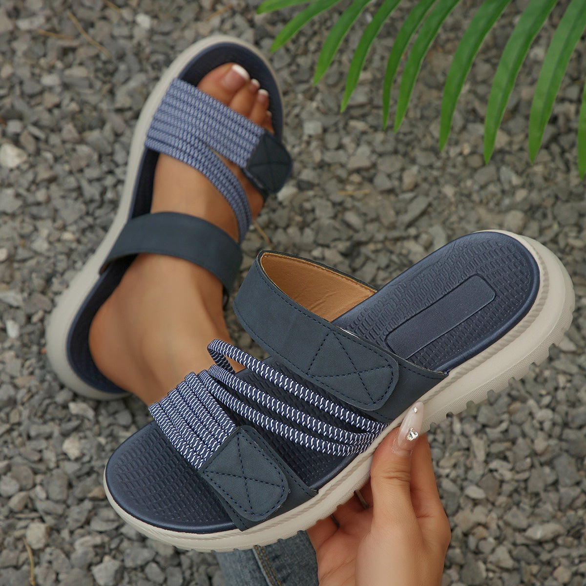 Damen bequeme Slipper mit verstellbarem Riemendesign und rutschfester Sohle R&B