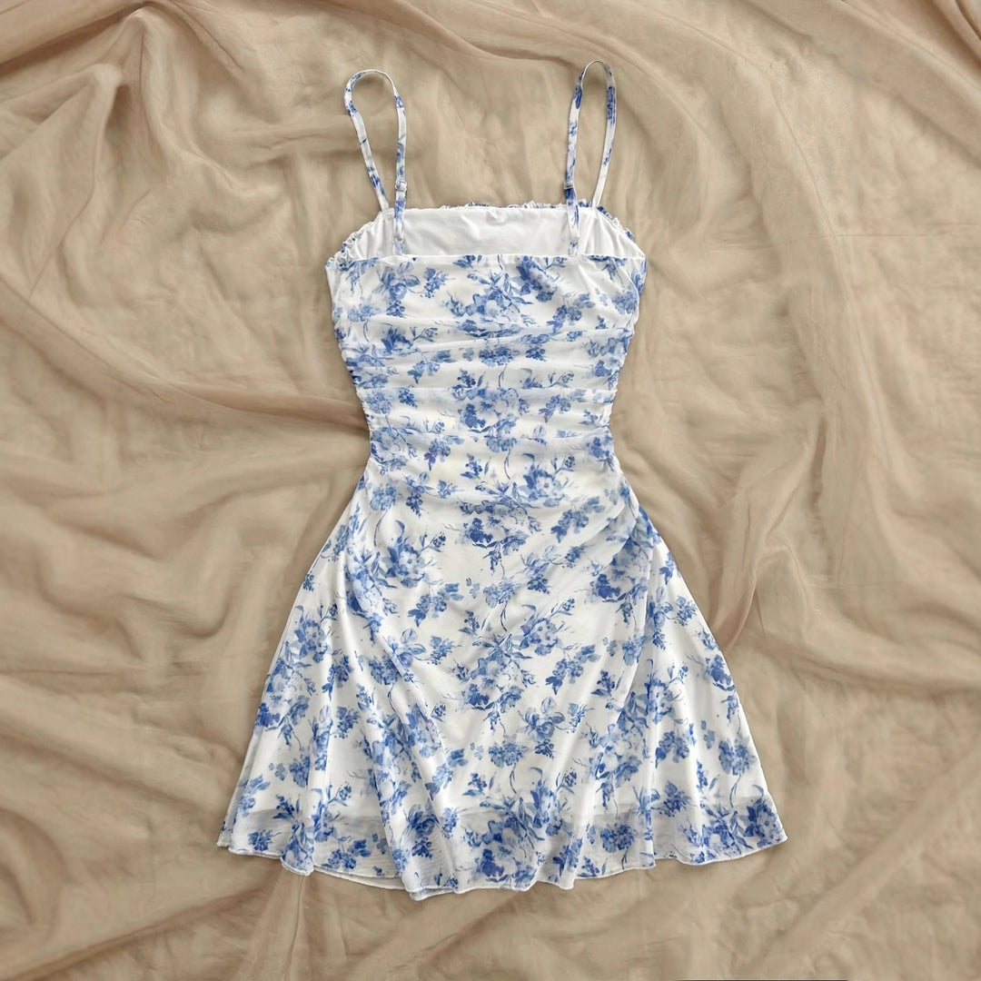 Damen Sommerliches Blumenkleid mit Spaghetti-Trägern und Raffungen R&B