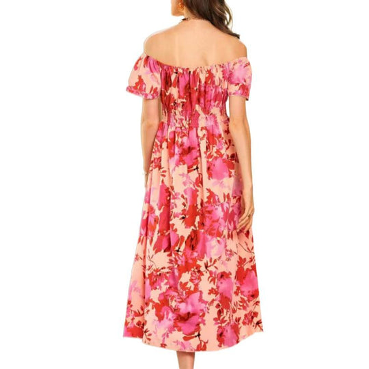 Damen Off-Shoulder Midikleid im floralen Design mit elastischem Oberteil und voluminösem Rock R&B