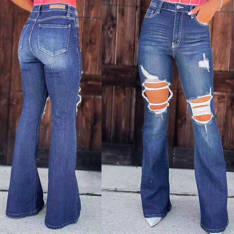 Damen Flared Jeans mit modischen Destroyed-Effekten und hohem Bund R&B
