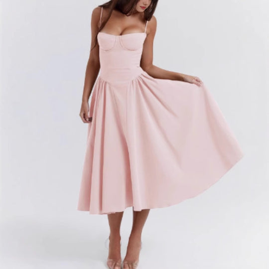 Damen Midikleid mit trägerlosem Design und voluminösem Faltenrock R&B