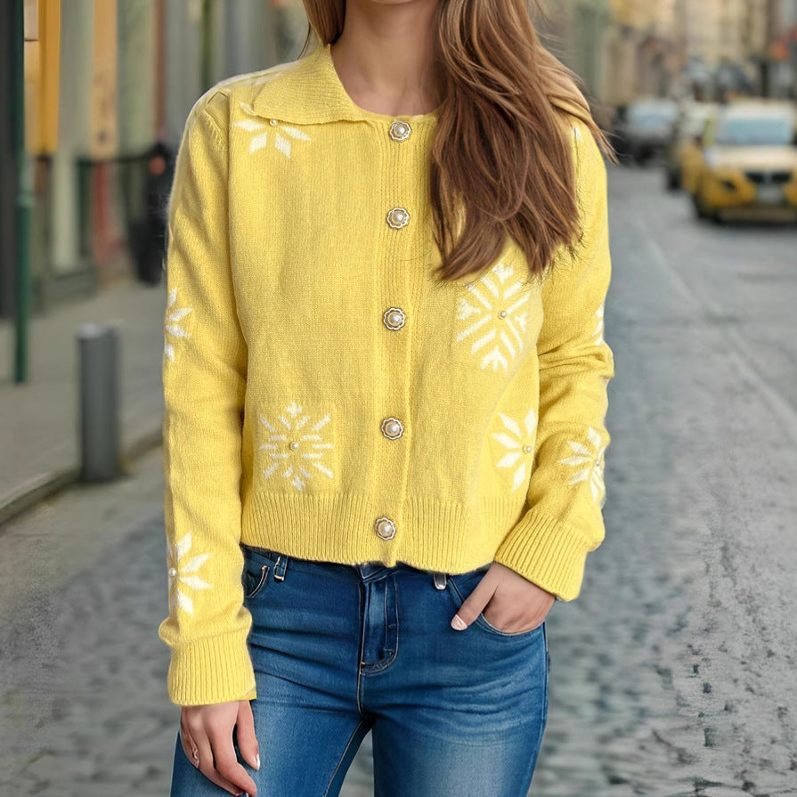 Damen gestrickte Kurzjacke mit winterlichem Schneeflockenmotiv R&B
