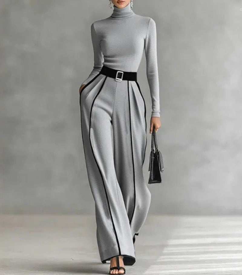 Damen nan elegantes Strickset mit tailliertem Rollkragenoberteil und weiter Plisseehose mit Taillengürtel R&B