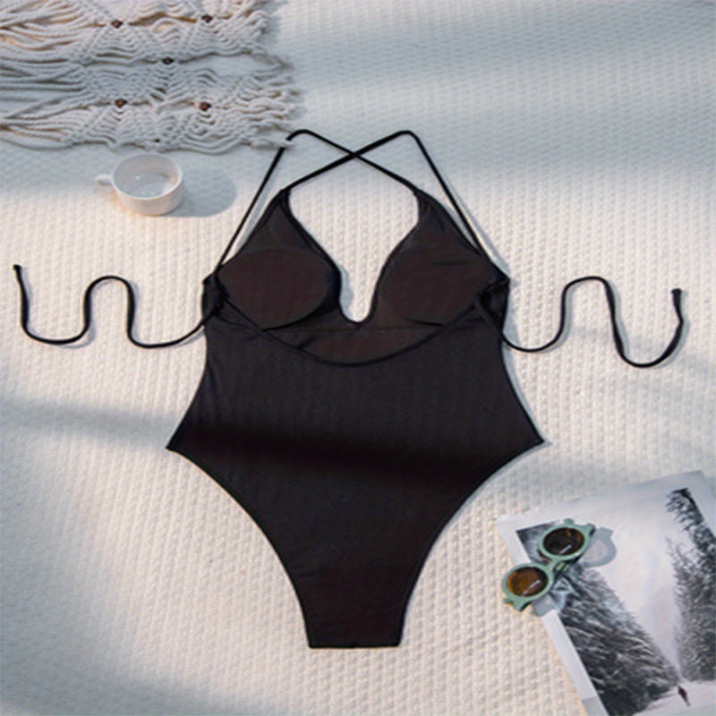 Damen Eleganter Badeanzug mit tiefem V-Ausschnitt und bindbaren Trägern