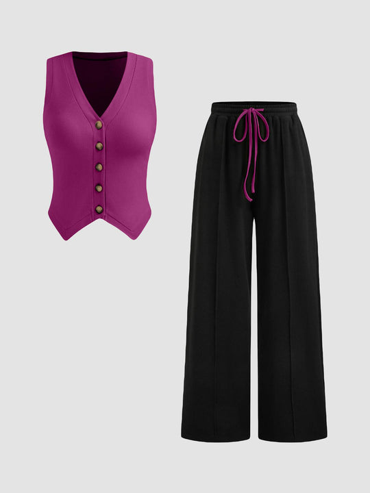 Damen lässiges Knopf-Top mit weitem Hose R&B