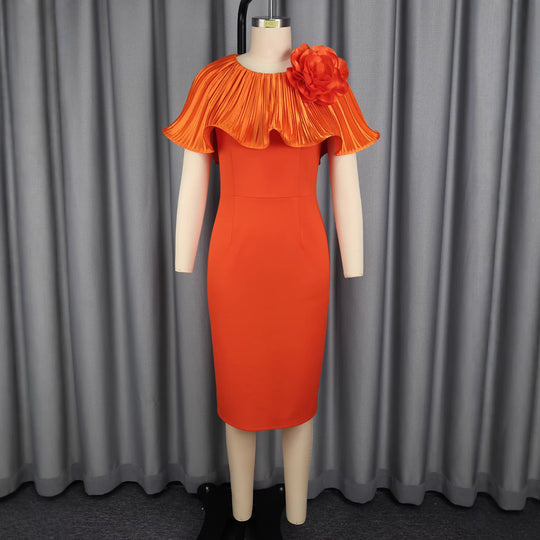 Damen figurbetontes Kleid mit voluminösem Kragen und floraler Applikation R&B