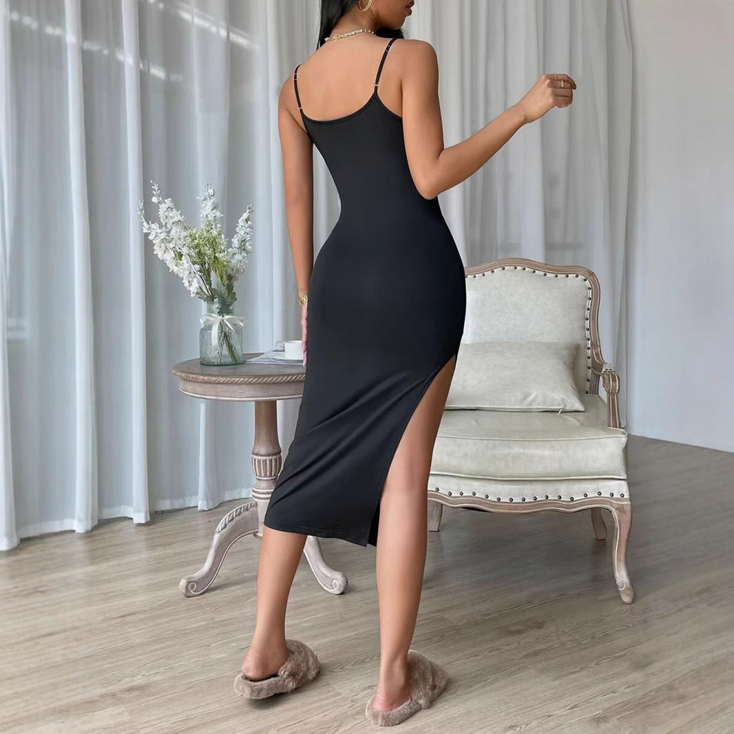 Damen figurbetontes Maxi-Kleid mit schmalen Spaghettiträgern und seitlichem Schlitz R&B