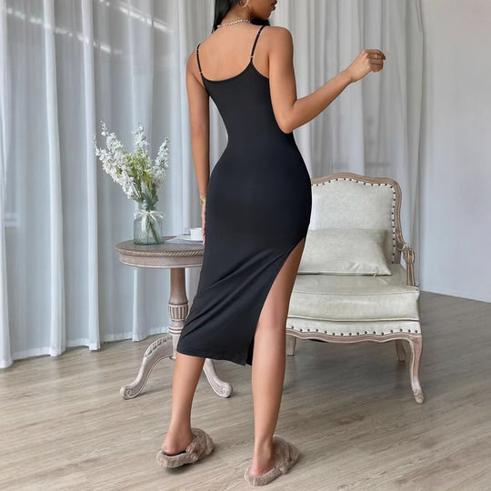 Damen figurbetontes Maxi-Kleid mit schmalen Spaghettiträgern und seitlichem Schlitz R&B
