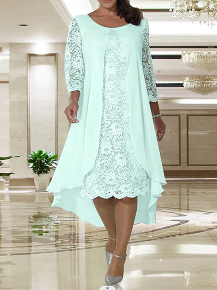 Damen nan elegantes Chiffon-Spitzenkleid mit Vokuhila-Überwurf und dreiviertelärmeln R&B