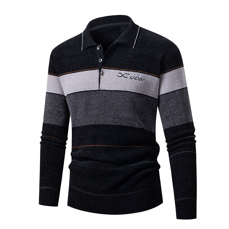 Herren Langarm Polohemd mit gestreiftem Design und Knopfleiste