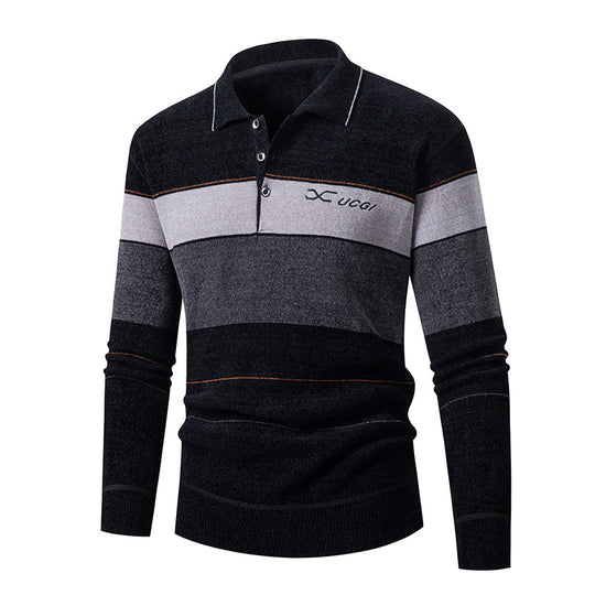 Herren Langarm Polohemd mit gestreiftem Design und Knopfleiste R&B