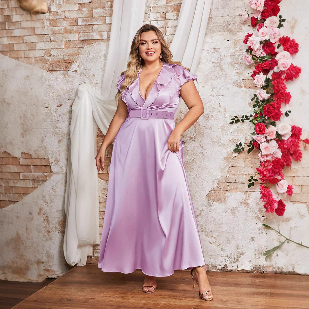 Damen Elegantes Maxikleid mit Rüschendetails und taillierendem Gürtel R&B