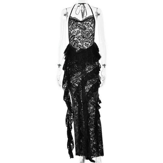 Damen verführerisches Spitzenkleid mit asymmetrischem Saum und Rüschendetails R&B