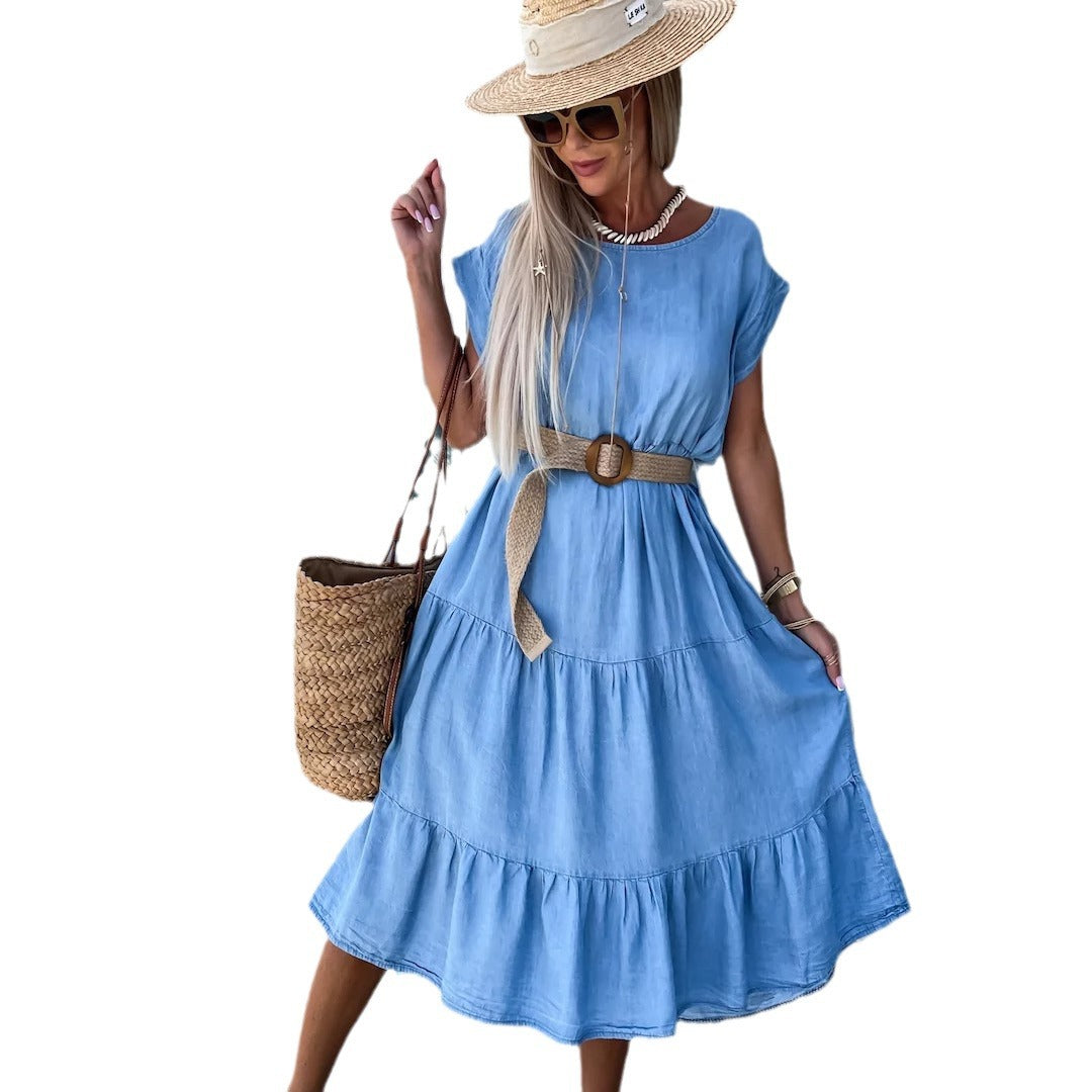 Damen Midi-Kleid mit asymmetrischem Saum und nostalgischem Denim-Stil R&B