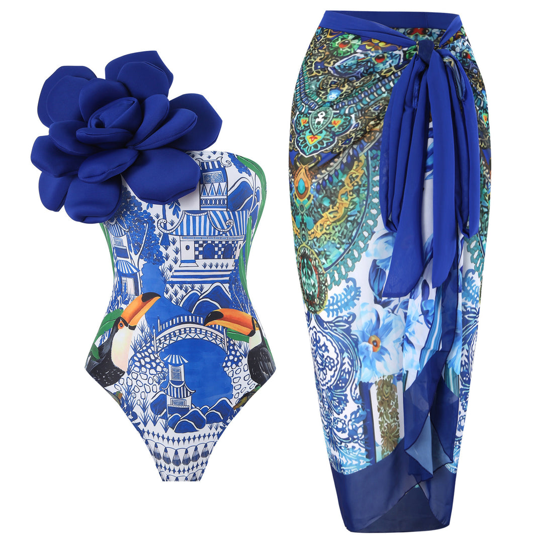Damen Eleganter Badeanzug mit großem Blumen-Detail und transparentem Überrock R&B