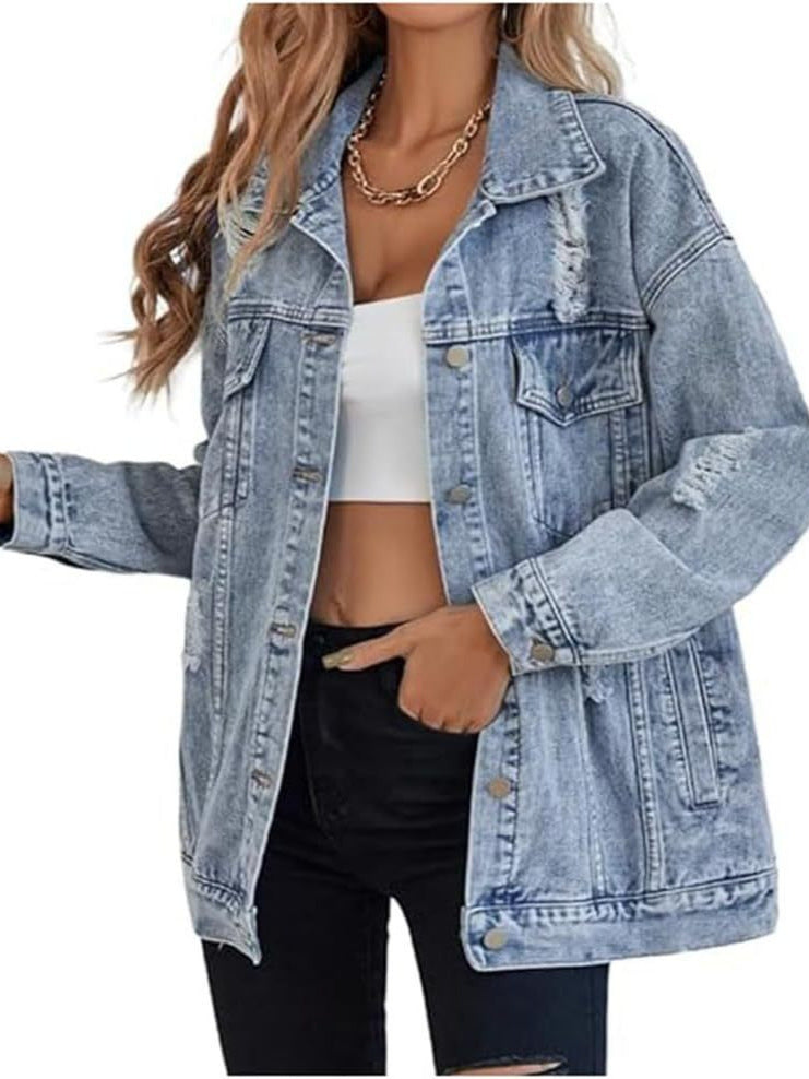 Damen lässige Oversized Jeansjacke mit distressed Details und hochwertigen Metallknöpfen R&B