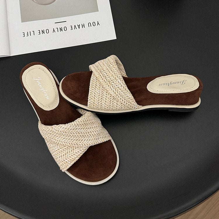 Damen flache Riemchen-Pantoletten mit raffiniertem Textil-Design und komfortabler Sohle R&B