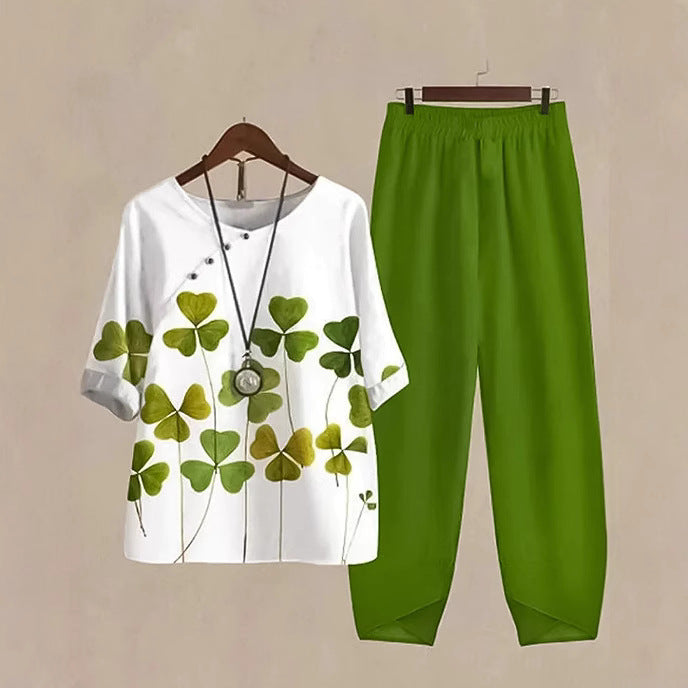 Damen nan zweiteiliges Casual-Ensemble mit Kleeblattprint-Tunika und elastischer Komfortbund-Hose R&B
