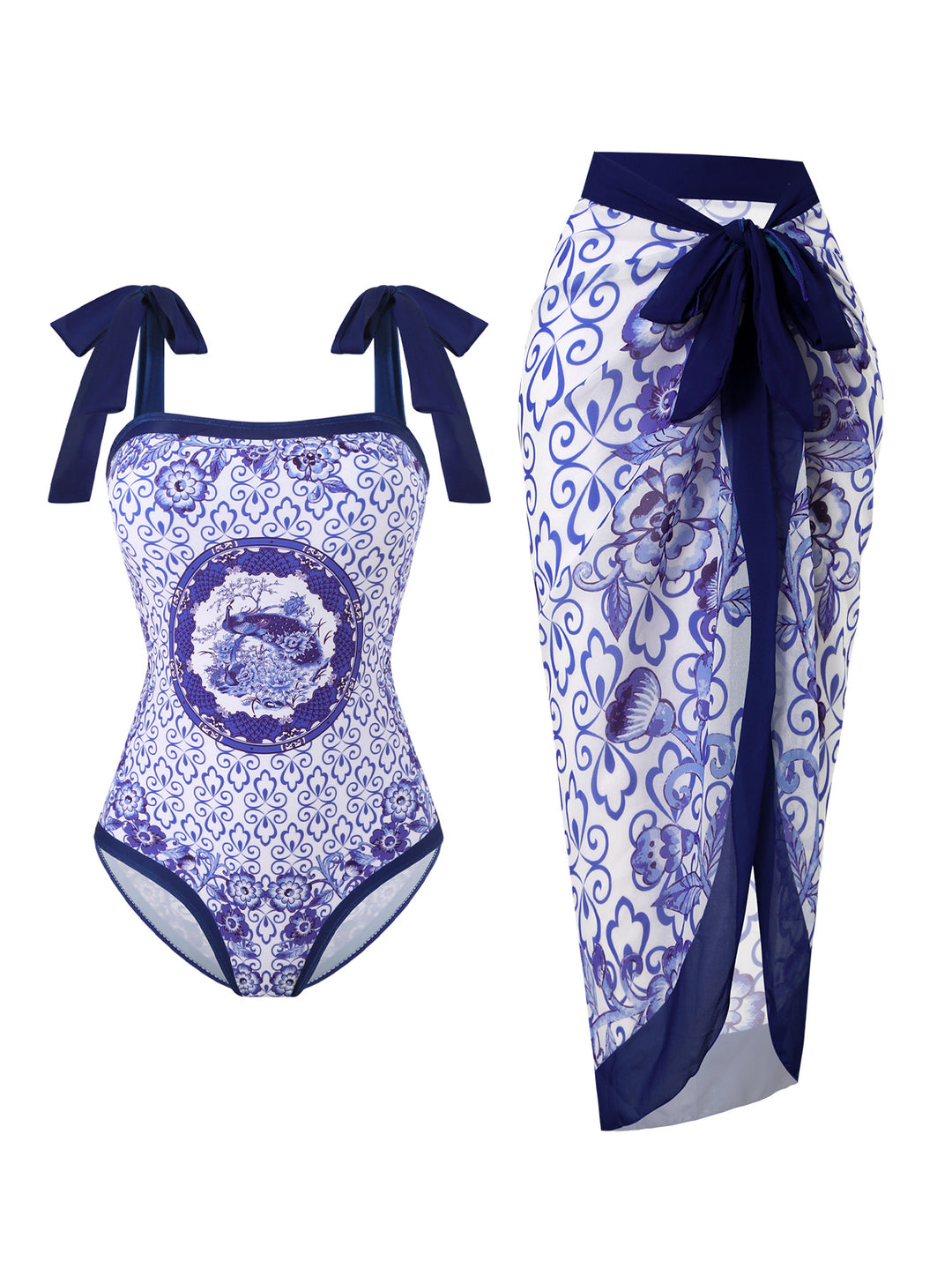Damen Badeanzug mit floralem Design und transparentem Wickelrock R&B